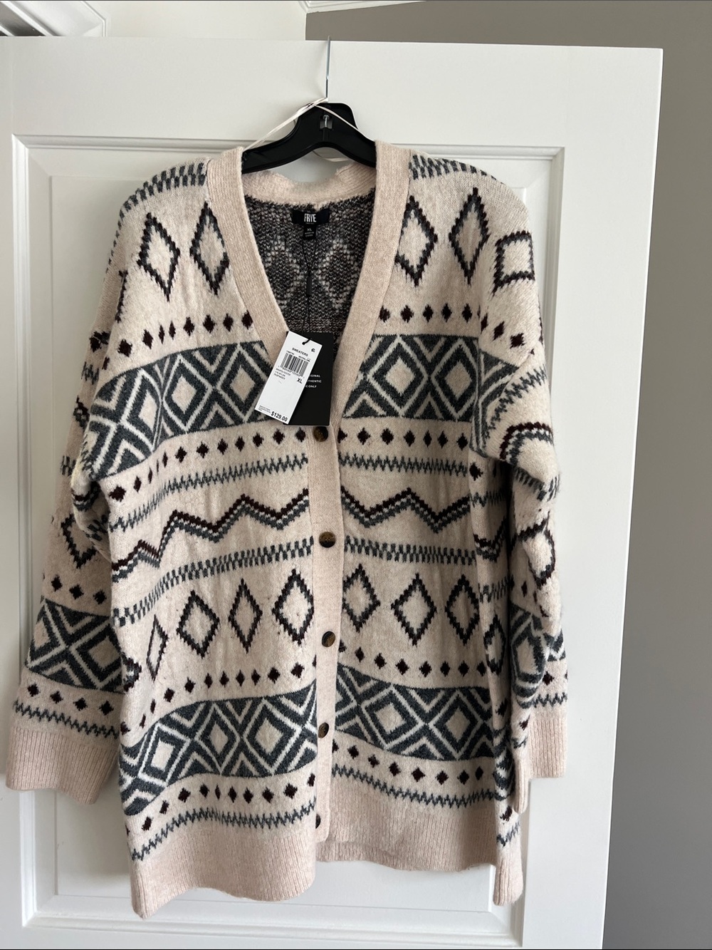 Frye Cream and Black Geometric Button-Front Cardigan